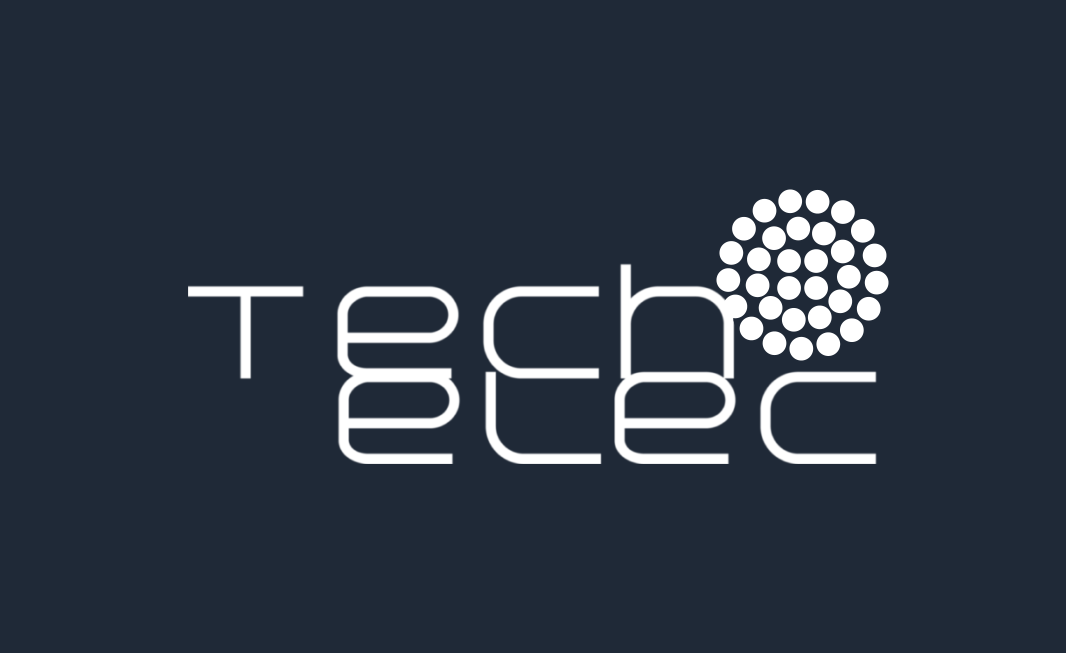 Logo Tech-elec en lettres blanches avec un motif circulaire de points
